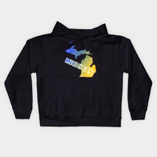 Colorful mandala art map of Michigan with text in blue and yellow Kids Hoodie